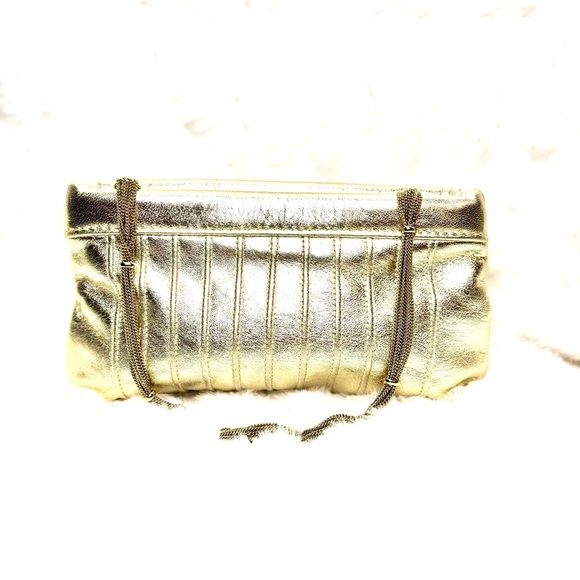 Lauren Merkin Shimmery Gold Clutch with Chain Evening Bag/ Cocktail Party - Picture 8 of 10